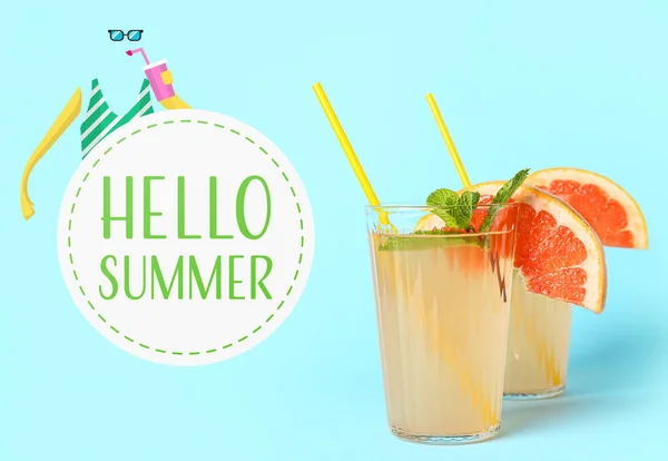 Glasses Tasty Fresh Grapefruit Lemonade Blue Background Hello Summer — Fotografia de Stock