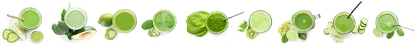 Set Healthy Green Juices White Background Top View — Φωτογραφία Αρχείου