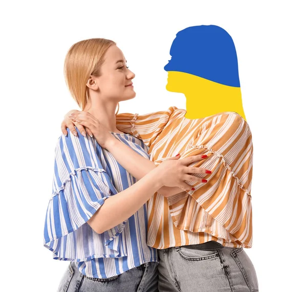 Young Woman Hugging Her Ukrainian Friend White Background — Stock fotografie