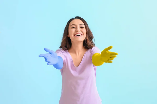 Happy Young Woman Hands Painted Colors Ukrainian Flag Opening Arms — Stockfoto