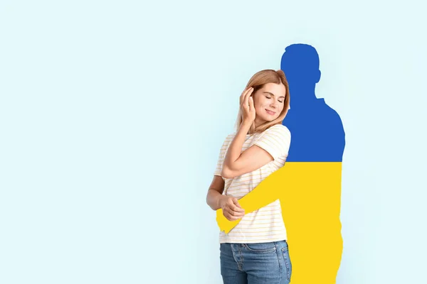 Woman Silhouette Man Colors Ukrainian Flag Light Background — Foto Stock