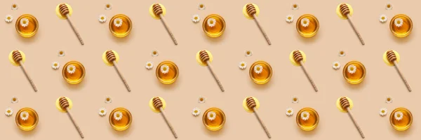 Bowls Sweet Honey Chamomile Flowers Wooden Dippers Light Background Top — Photo