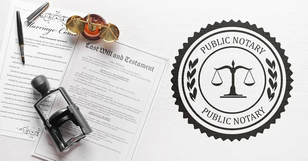Documents Scales Justice Stamp Public Notary White Wooden Table Top — Stockfoto
