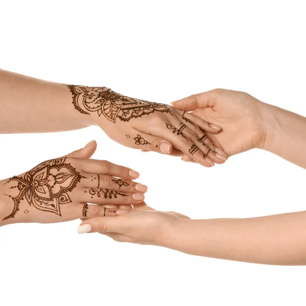 Mãos Femininas Pintadas Com Henna Fundo Branco — Fotografia de Stock
