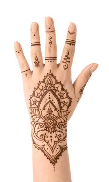Mão Feminina Com Tatuagem Hena Bonita Fundo Branco Close — Fotografia de Stock
