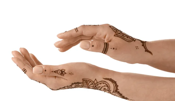 Mãos Femininas Com Bela Tatuagem Henna Fundo Branco Close — Fotografia de Stock