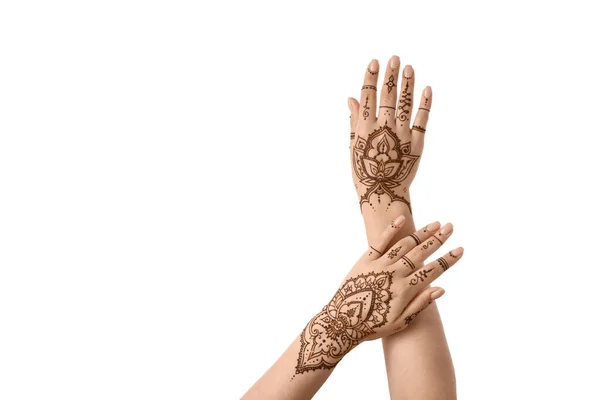 Vrouwelijke Handen Met Mooie Henna Tatoeage Witte Achtergrond — Stockfoto