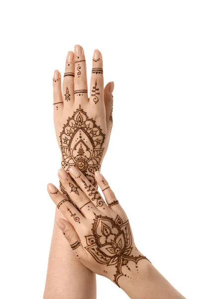Mãos Femininas Com Bela Tatuagem Henna Isolada Fundo Branco — Fotografia de Stock