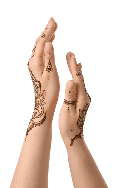 Mãos Femininas Com Tatuagem Henna Isolada Fundo Branco Close — Fotografia de Stock