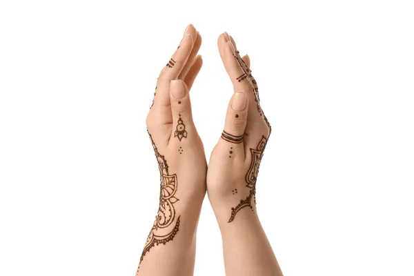 Female Hands Beautiful Henna Tattoo Isolated White Background Closeup — Foto de Stock
