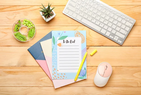 Composition Blank List Stationery Computer Mouse Keyboard Wooden Background — Fotografia de Stock