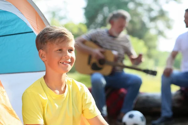 Little Boy Sitting Camping Tent Outdoors — Foto Stock