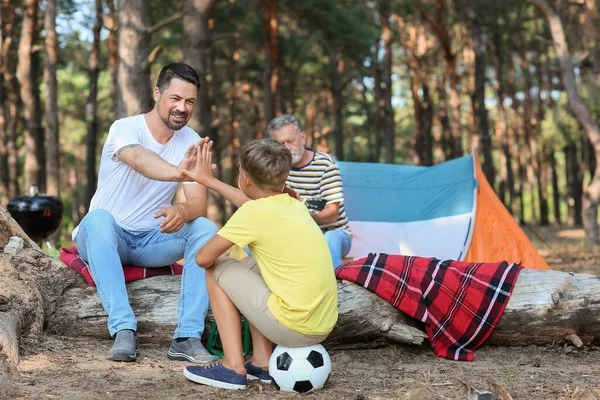 Handsome Man Giving High Five His Little Son Forest — Foto Stock