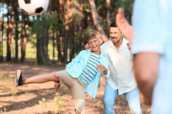 Little Boy Playing Soccer His Father Forest — Foto Stock