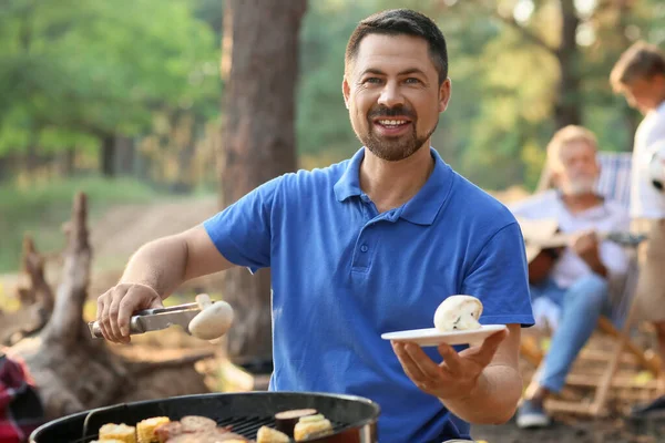 Handsome Man Cooking Food Grill Barbecue Party — Stock Photo, Image
