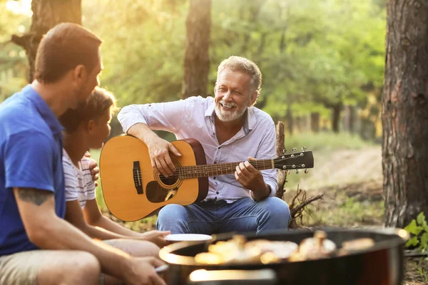 Senior Man Playing Guitar His Family Barbecue Party Summer Day — Stock Photo, Image