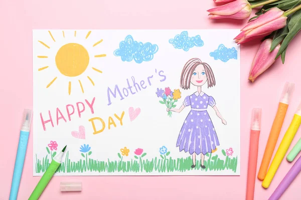 Picture Text Happy Mother Day Felt Tip Pens Tulips Pink — Stockfoto