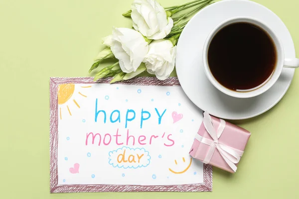 Kort Med Texten Happy Mother Day Presentförpackning Blommor Och Kopp — Stockfoto