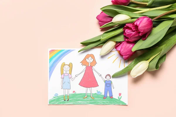 Picture Bouquet Tulips Pink Background Mother Day Celebration — Stockfoto