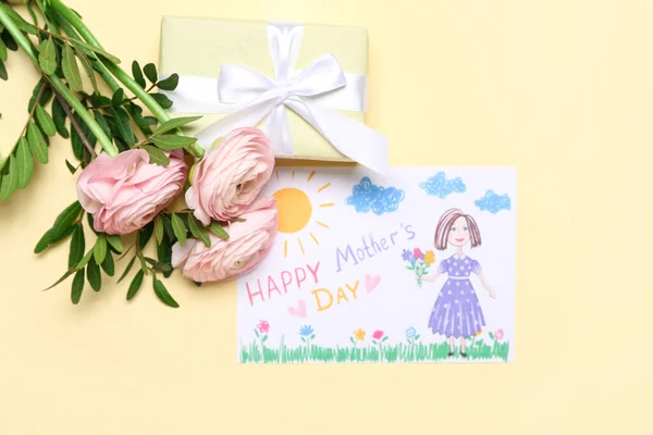 Picture Text Happy Mother Day Flowers Gift Box Beige Background — Stock Photo, Image