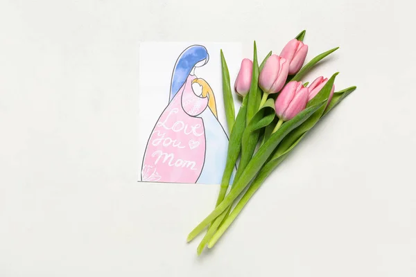 Picture Text Love You Mom Tulips White Background — Stock Photo, Image