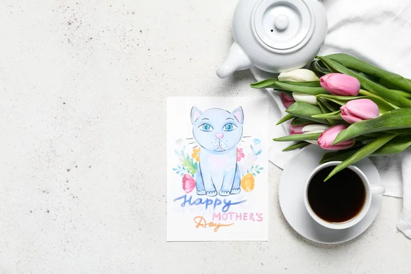 Picture Text Happy Mother Day Tulips Teapot Cup Coffee White — Stockfoto