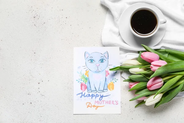 Picture Text Happy Mother Day Cup Coffee Flowers White Background — Stockfoto