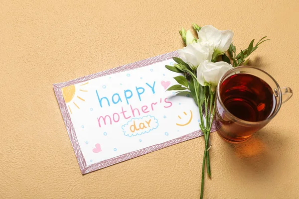Card Text Happy Mother Day Flowers Glass Cup Tea Beige — Stockfoto