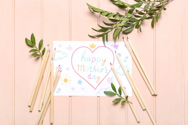 Card Text Happy Mother Day Pencils Plant Branches Pink Wooden — Stock Photo, Image