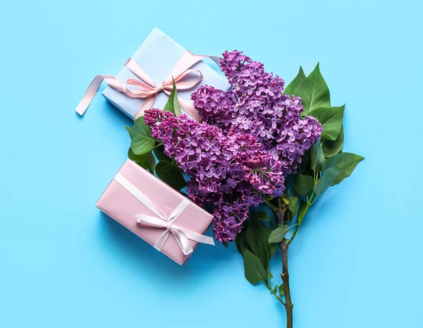 Purple Lilac Flowers Gift Boxes Blue Background — Stockfoto