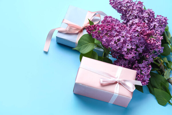 Purple lilac flowers with gift boxes on blue background