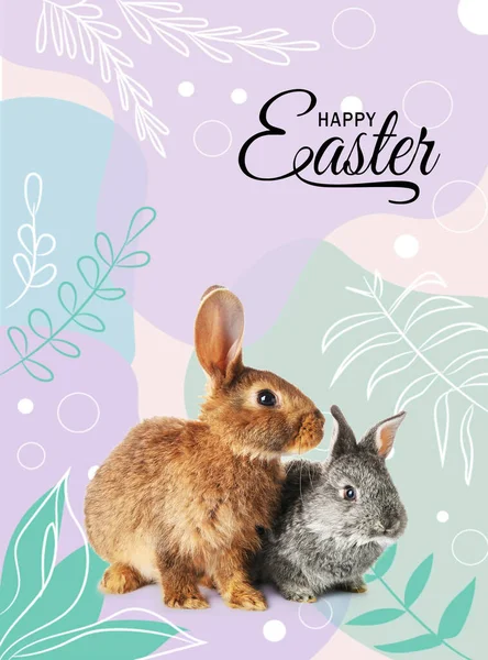 Easter Greeting Card Fluffy Bunnies Drawn Branches — 스톡 사진
