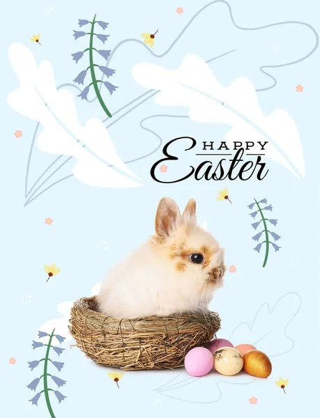 Easter Greeting Card Cute Fluffy Rabbit Nest Painted Eggs — Photo