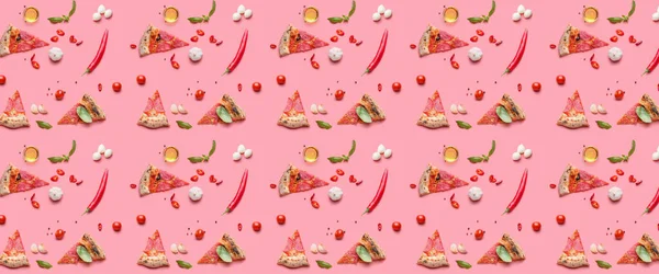 Many Slices Tasty Pizza Ingredients Pink Background Pattern Design — 스톡 사진