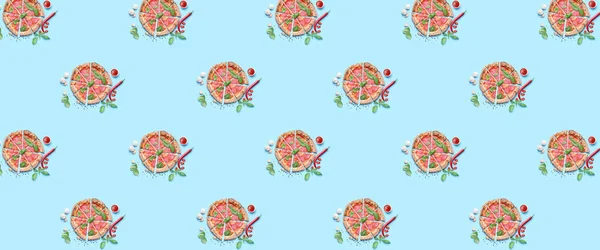 Many Sliced Pizzas Ingredients Light Blue Background Pattern Design — Stok fotoğraf