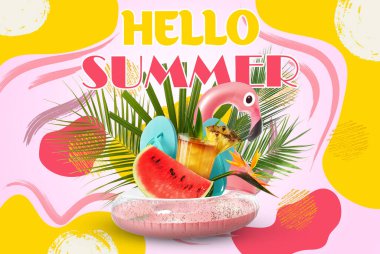 Collage with cocktail, inflatable ring, fruits, tropical leaves and text HELLO SUMMER