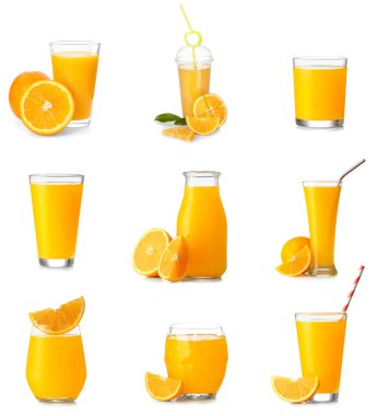 Bir sürü taze portakal suyu beyaz üzerine izole edilmiş. 