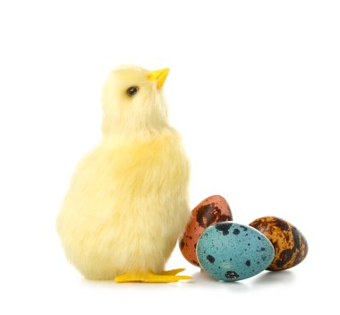 Cute yellow chicken and Easter eggs isolated on white