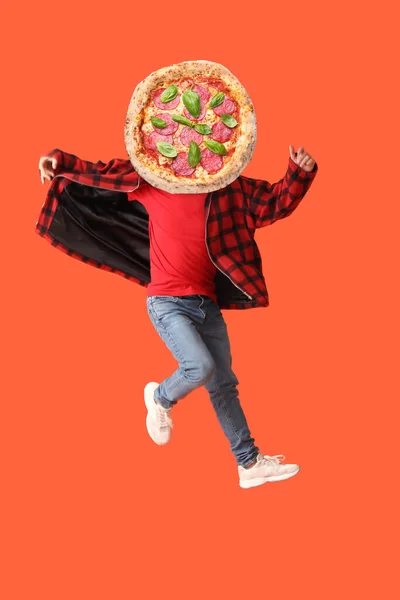 Jumping Young Man Tasty Pizza Instead His Head Color Background — Zdjęcie stockowe