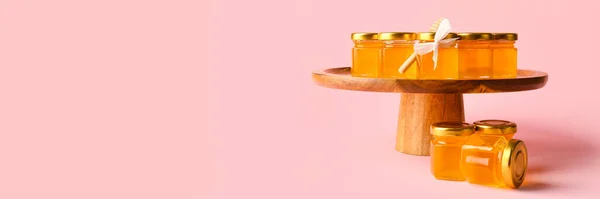 Wooden Stand Jars Honey Pink Background Space Text — Stock Photo, Image