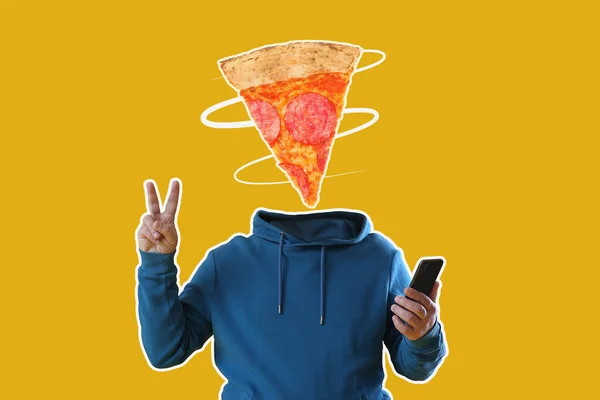 Cool Man Slice Tasty Pizza Instead His Head Mobile Phone — Fotografia de Stock