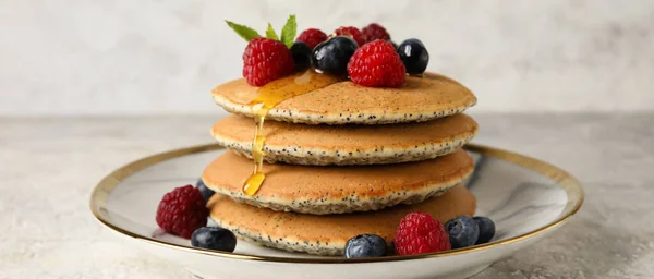 Plate Tasty Pancakes Honey Berries Light Background — Stok Foto