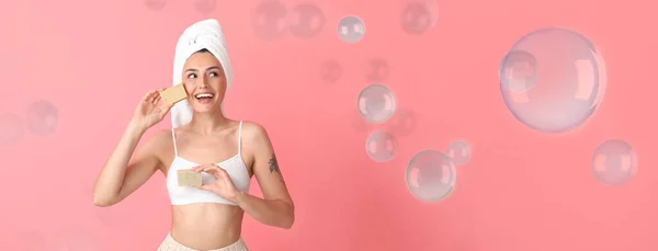 Beautiful Young Woman Soap Many Bubbles Pink Background — Fotografia de Stock