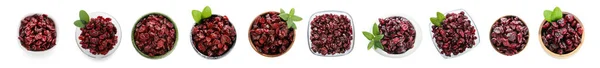 Συλλογή Μπολ Αποξηραμένα Cranberries Λευκό Φόντο Top View — Φωτογραφία Αρχείου