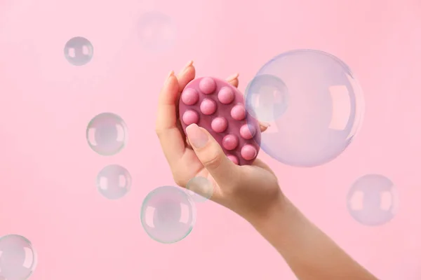Female Hand Massage Soap Bar Many Bubbles Pink Background — Photo