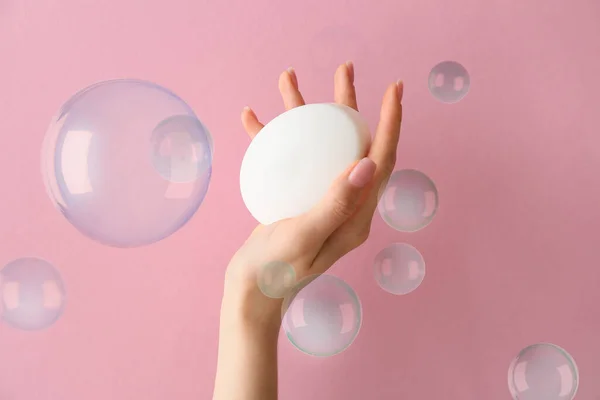 Female Hand Soap Bar Many Bubbles Pink Background — Fotografia de Stock