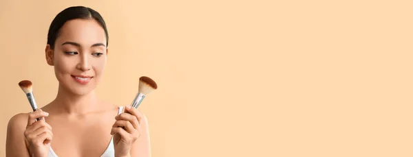 Portrait Young Asian Woman Makeup Brushes Beige Background Space Text — Stock Fotó