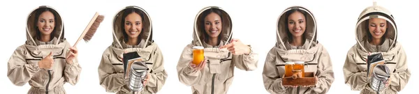 Set Female Beekeepers Protective Suits White Background — Foto de Stock