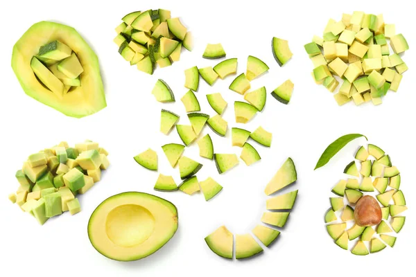 Set Fresh Avocado Pieces Isolated White — Stockfoto