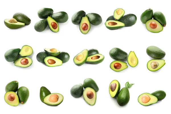 Set Many Fresh Avocados Isolated White —  Fotos de Stock